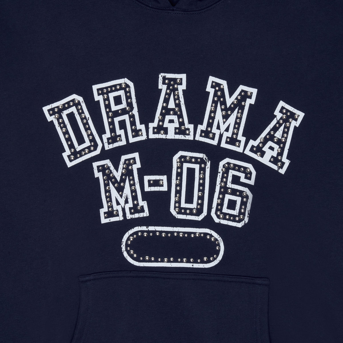 Close-up detail view of the navy college stud hoodie 