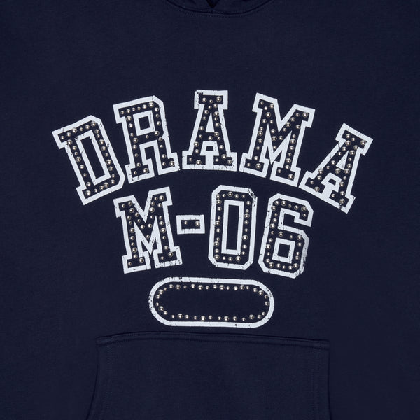 Close-up detail view of the navy college stud hoodie 
