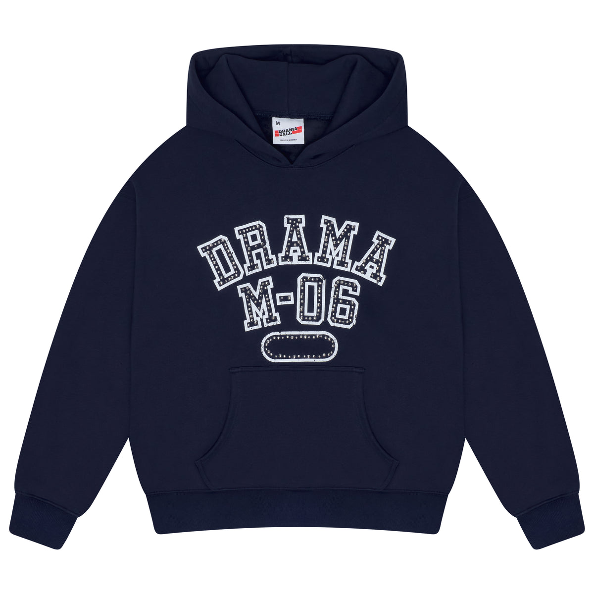 Men's navy Drama Call college stud hoodie front view