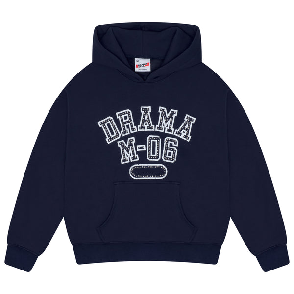 Men's navy Drama Call college stud hoodie front view