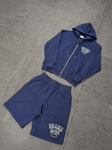 Men's navy distressed college zip-up hoodie and shorts set, flat lay view.