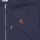 Close up view of the navy Drama Call STA zip-up hoodie