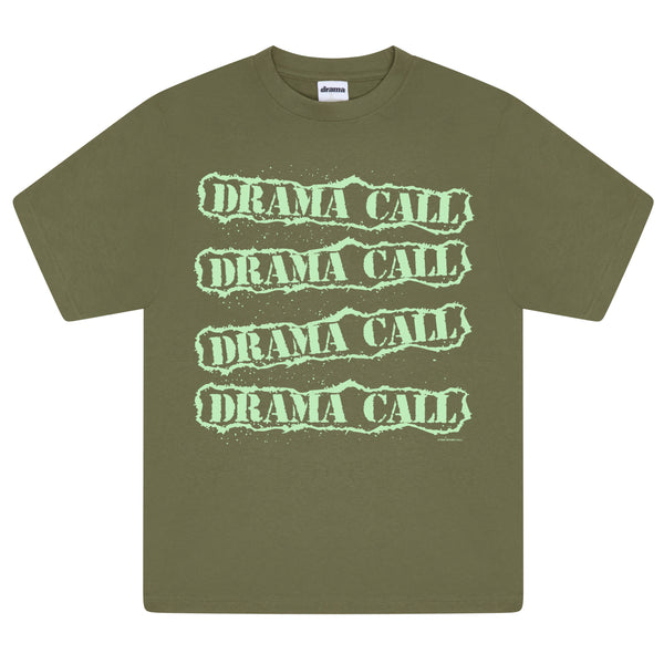Men's olive green Drama Call D-Team graphic tee flat lay showing the layered text chest print.