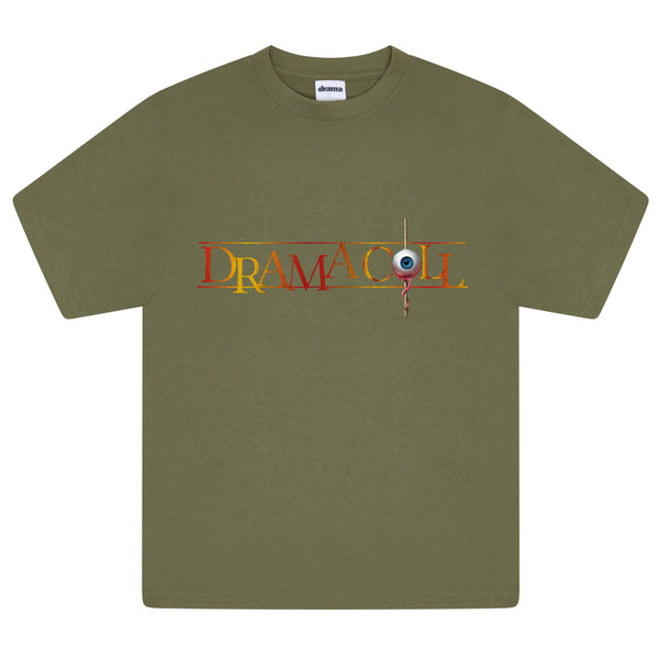 Men's olive green Drama Call Nevercall graphic tee front view