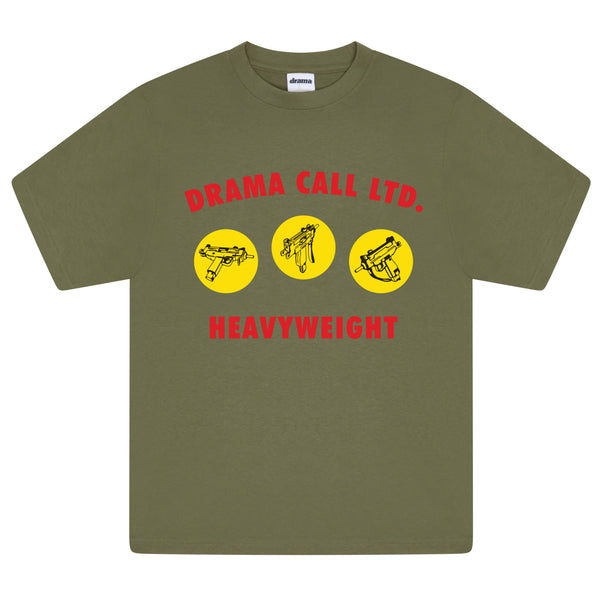 Front view of the olive green Drama Call heavyweight weapons graphic tee