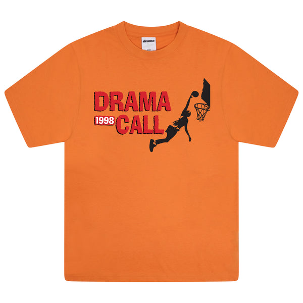 Front view of the orange Drama Call Jump graphic tee
