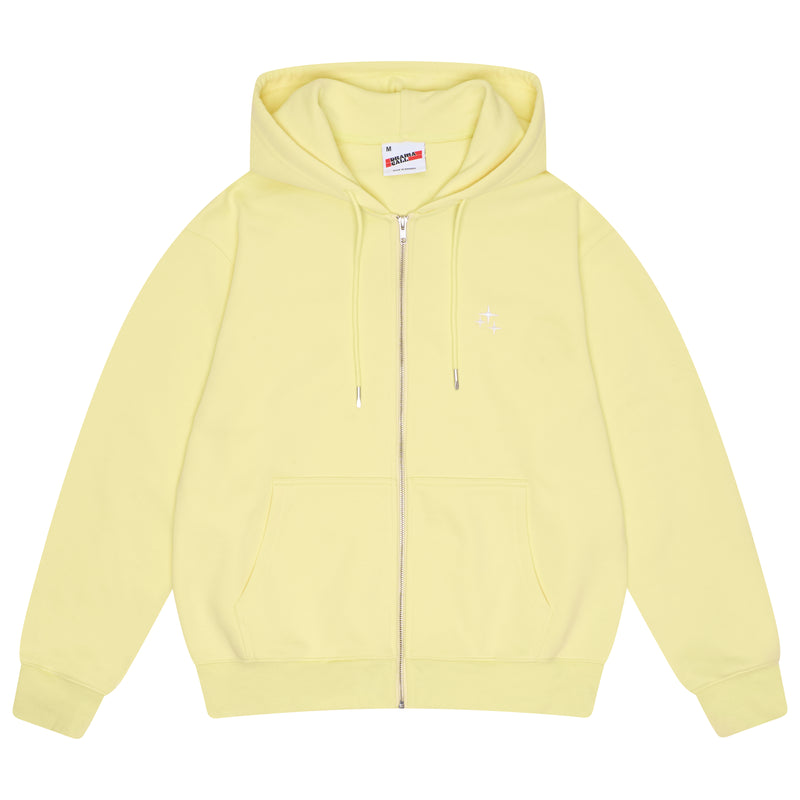 Men's pale yellow Drama Call STA zip-up hoodie, front view