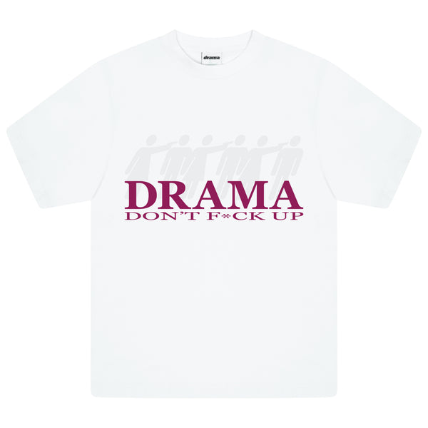 Front view of the white Drama Call graphic tee