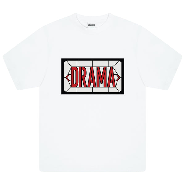 Men's white Drama Call stained glass graphic tee laid flat